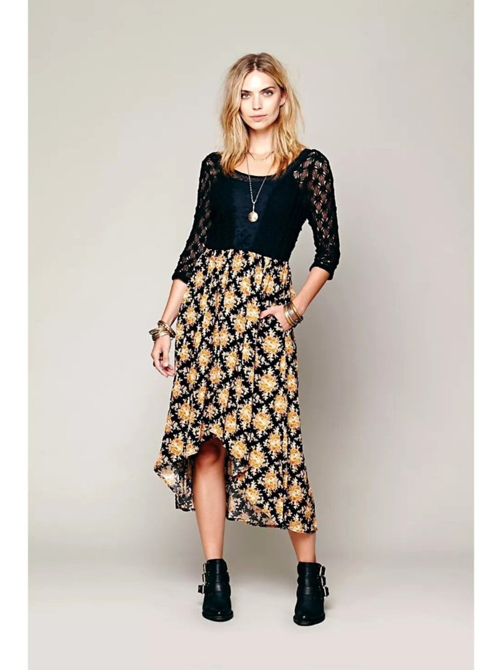 Free People Lonesome Dove Dress S Crochet Knit Sheer Panels Floral Print Boho